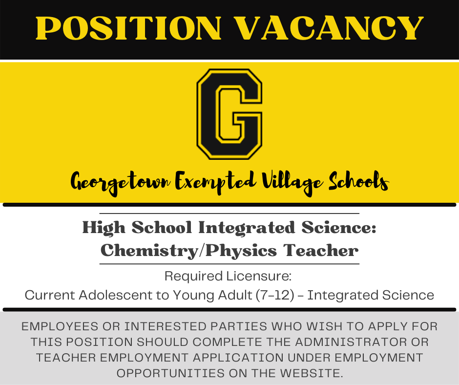 POSITION VACANCY: HS INTEGRATED SCIENCE - CHEMISTRY/PHYSICS TEACHER