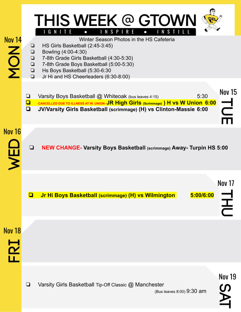 Latest Changes to our Schedule