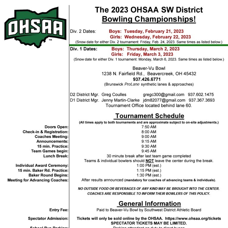 OHSAA DISTRICT BOWLING INFORMATION 